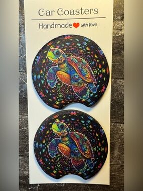 Sea Turtle Multicolor Car Cup Holder Coasters Set Of 2 New